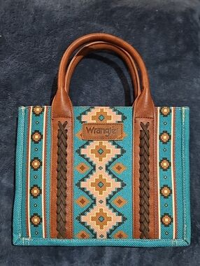 Wrangler Turquoise Tote with Brown Leather Handles and Braided Trim